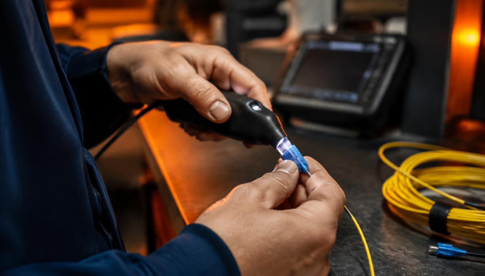 Technician inspecting a fiber connector (illustrative image)